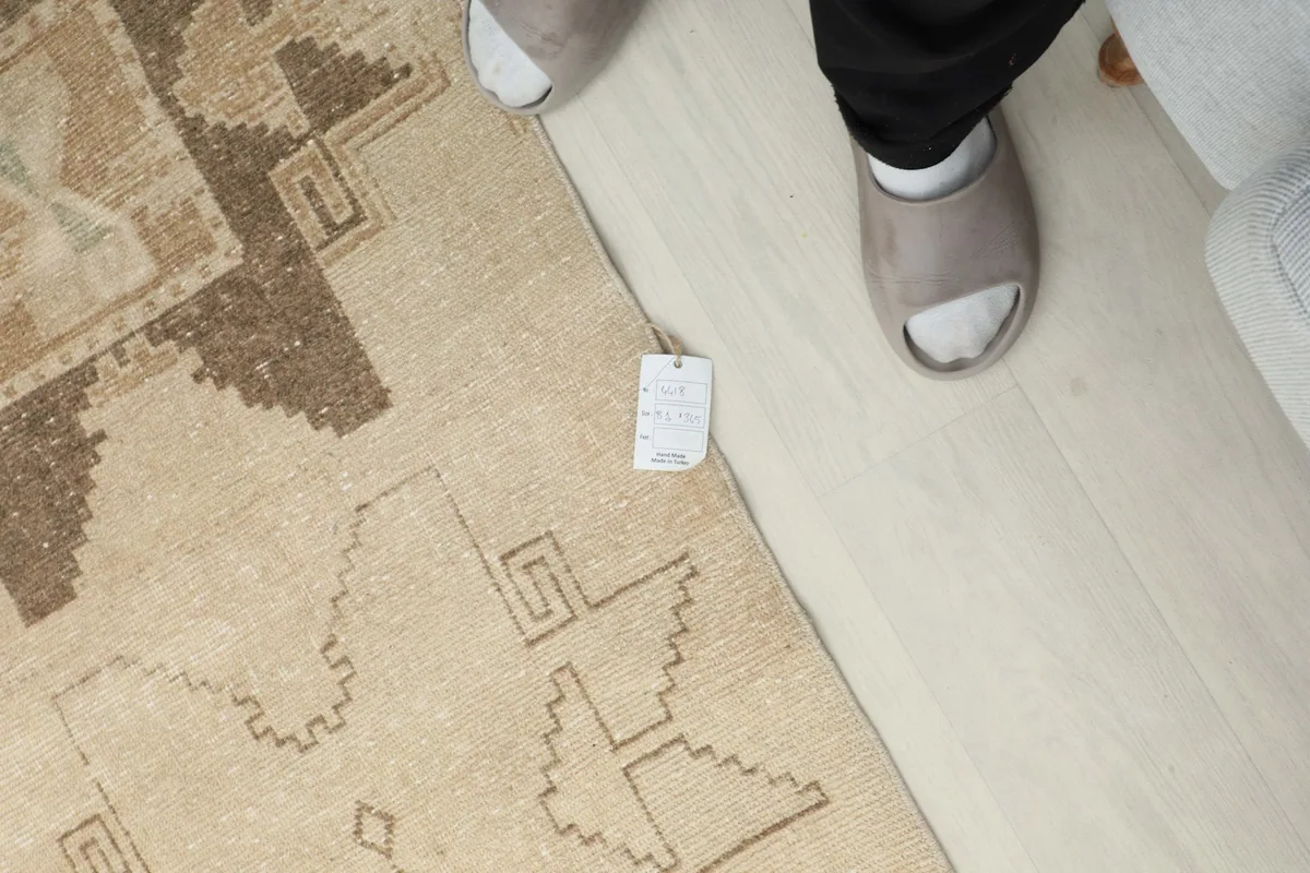 Overhead view of a person's feet next to the runner rug, showing scale and texture