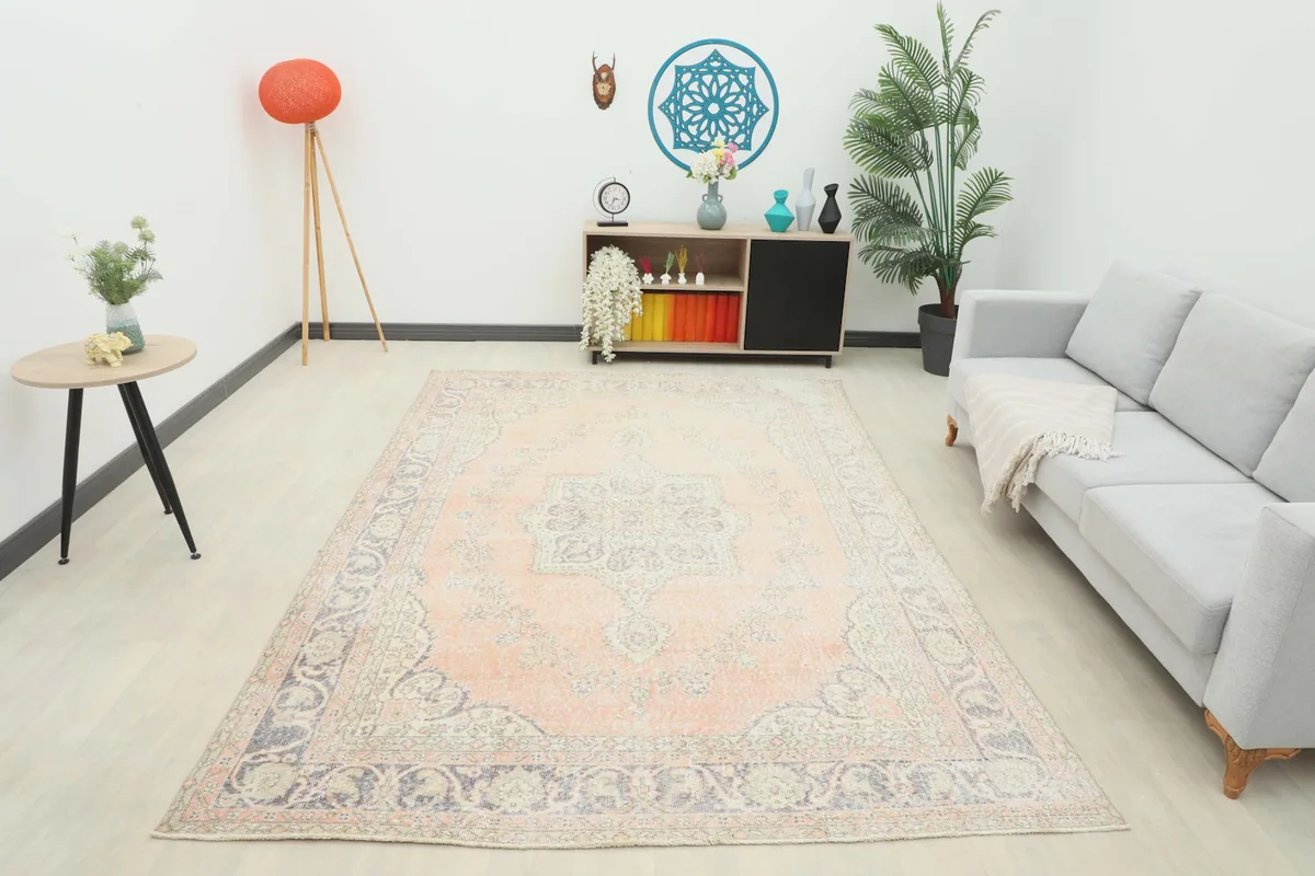Full room view of the large vintage Anatolian rug, demonstrating its presence and fit in a modern decor.