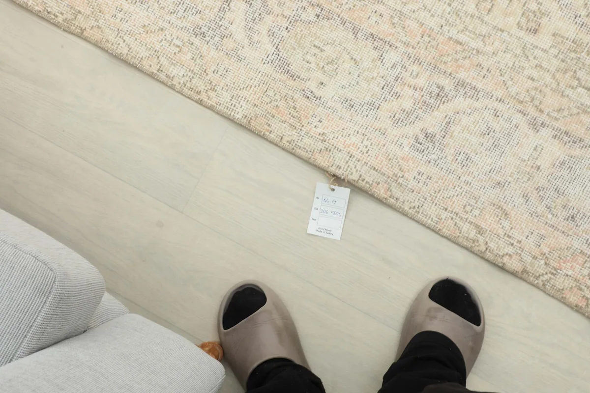 Overhead view of a person's feet near the rug, indicating its scale and placement in a room.