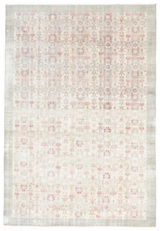 Full top view of the 6'10" x 10'0" cream and rose vintage Anatolian rug on a white background.