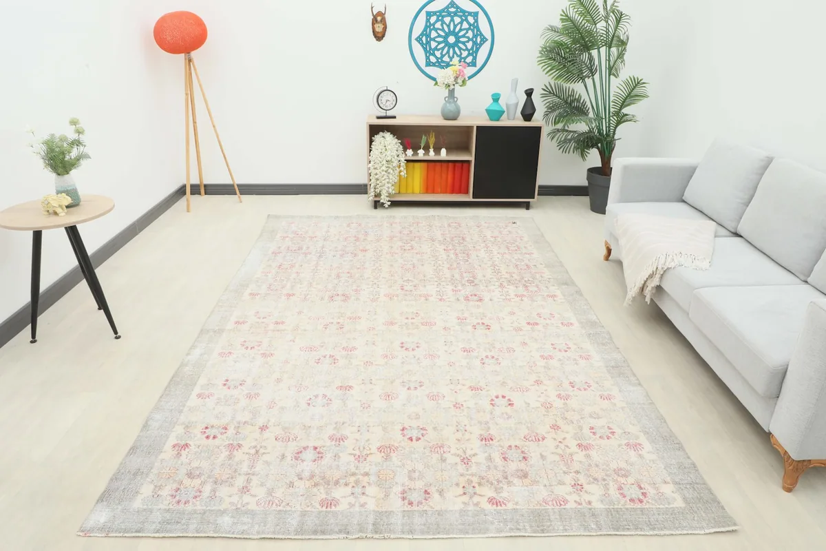 Full room view of the vintage Anatolian rug, providing context for its size and impact in a living space.