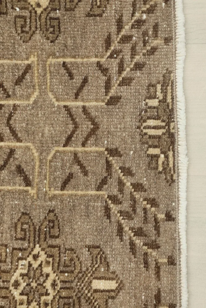 Detailed view of the rug's border pattern and the short, natural cream fringes at the end.