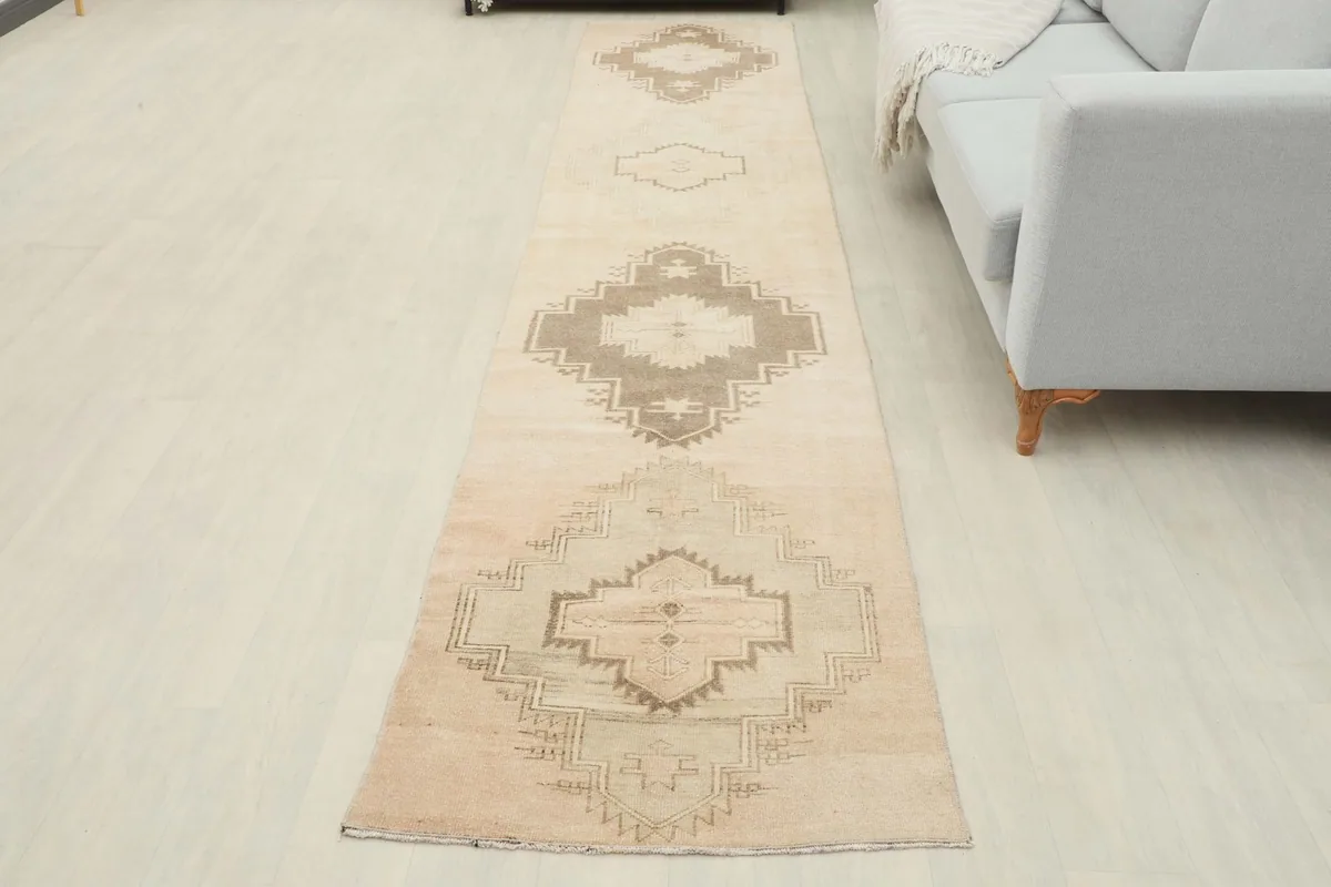 Overhead view of the entire runner rug laid out in a room setting