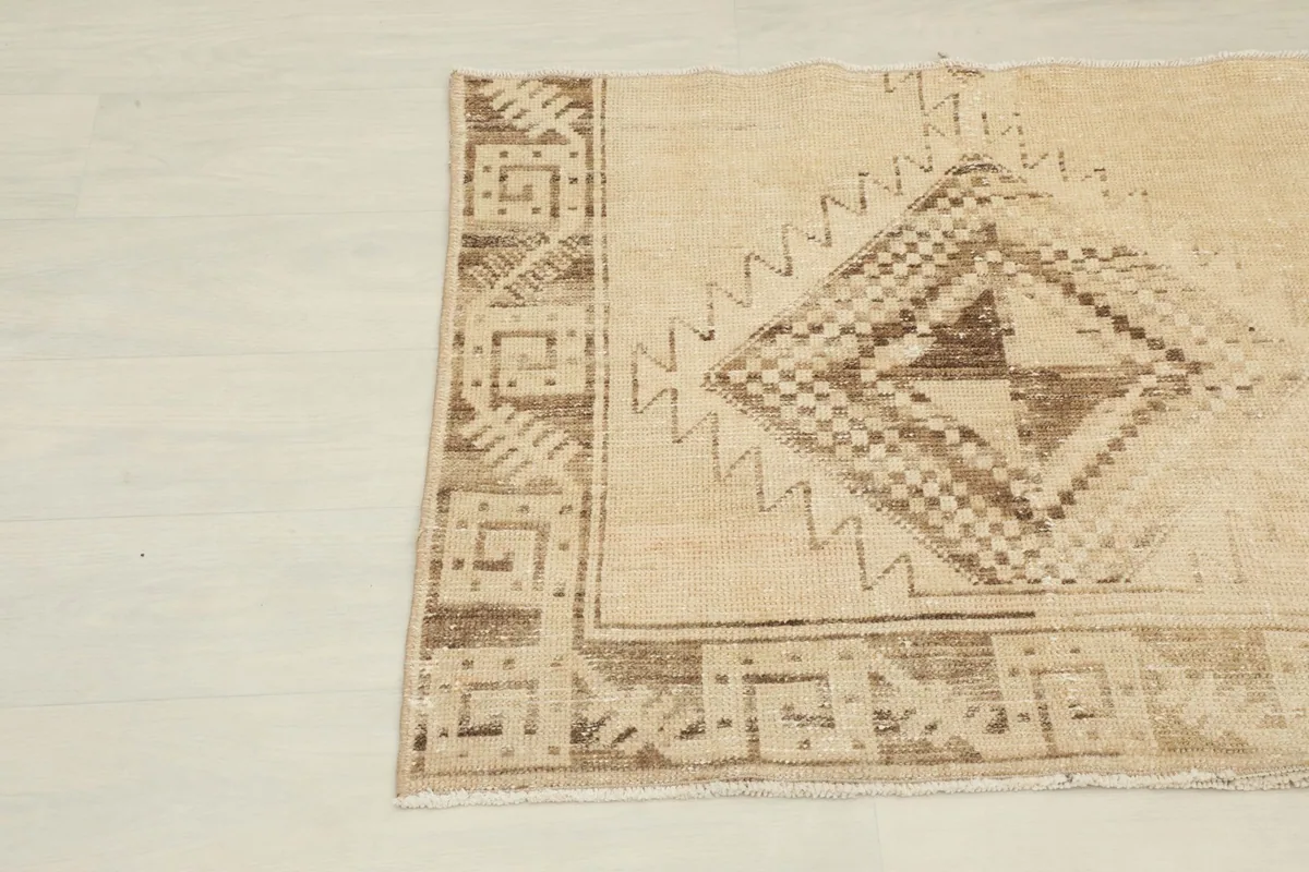 Close-up of the rug's border, showcasing the brown geometric patterns