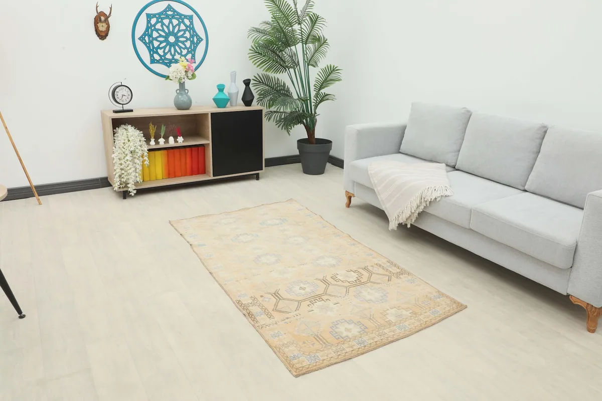 Vintage Anatolian rug with beige and blue geometric patterns in a modern living space
