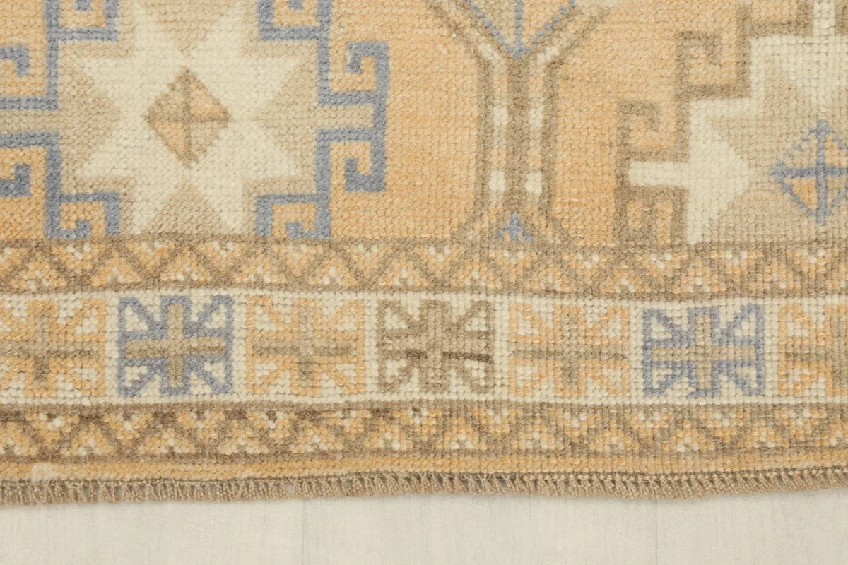 Detail of the rug's border with contrasting brown and blue geometric designs