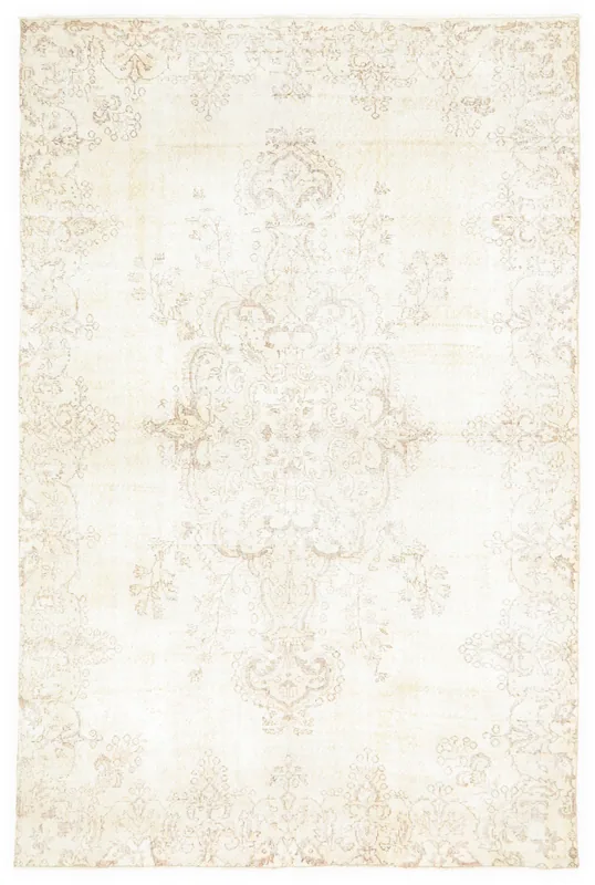 Full overhead view of the ivory and tan vintage Anatolian area rug