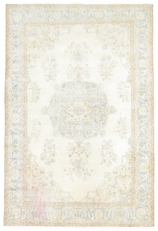 Full top view of the ivory and blue medallion vintage Anatolian area rug