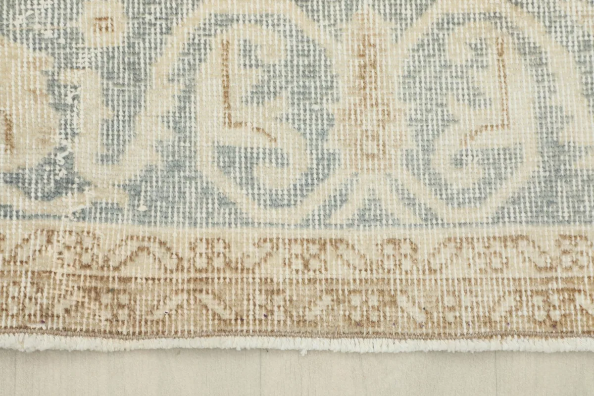 Close-up of the blue and tan patterned border with its classic geometric elements
