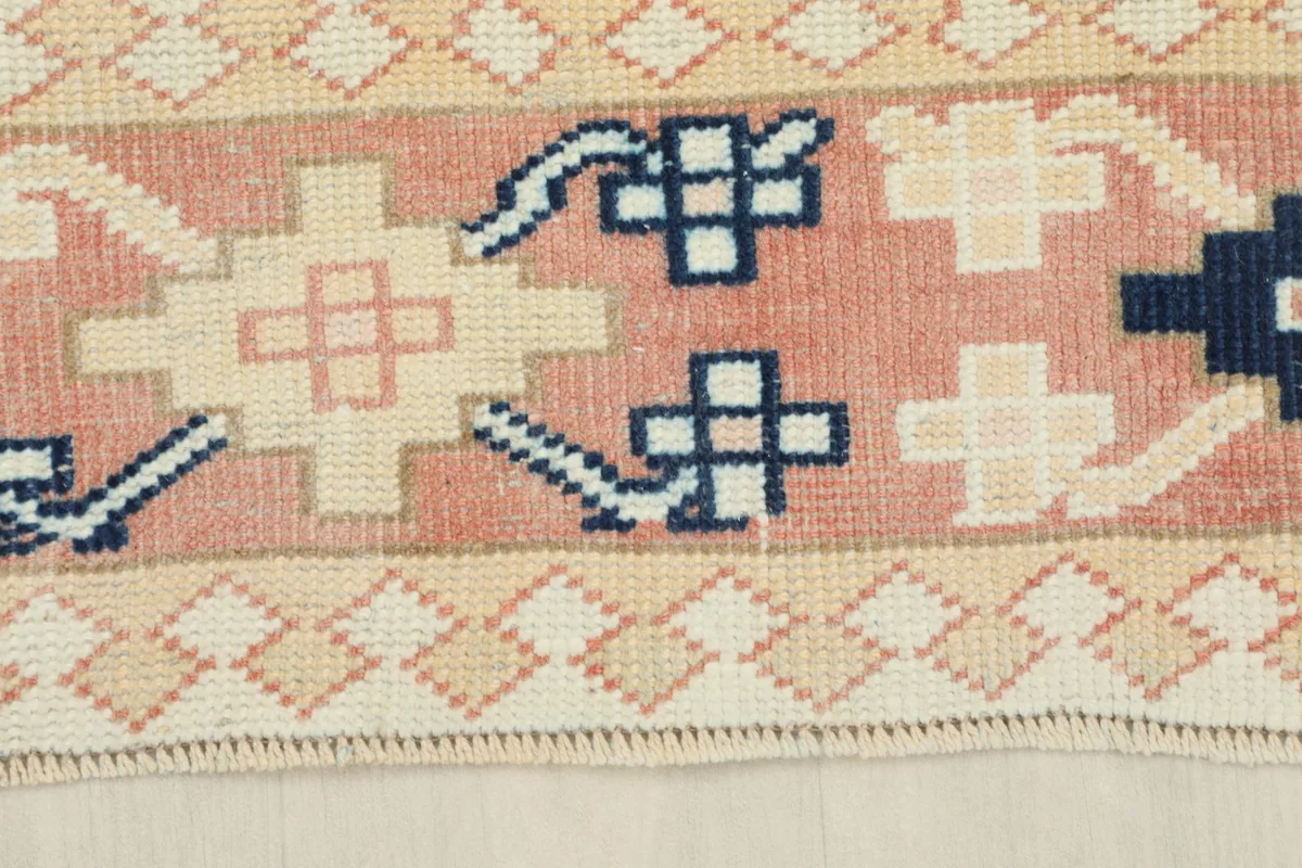 Detailed view of the rug's outer border with pink, beige, and navy tribal patterns.