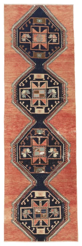 Full top view of the rust and navy geometric vintage Anatolian runner rug