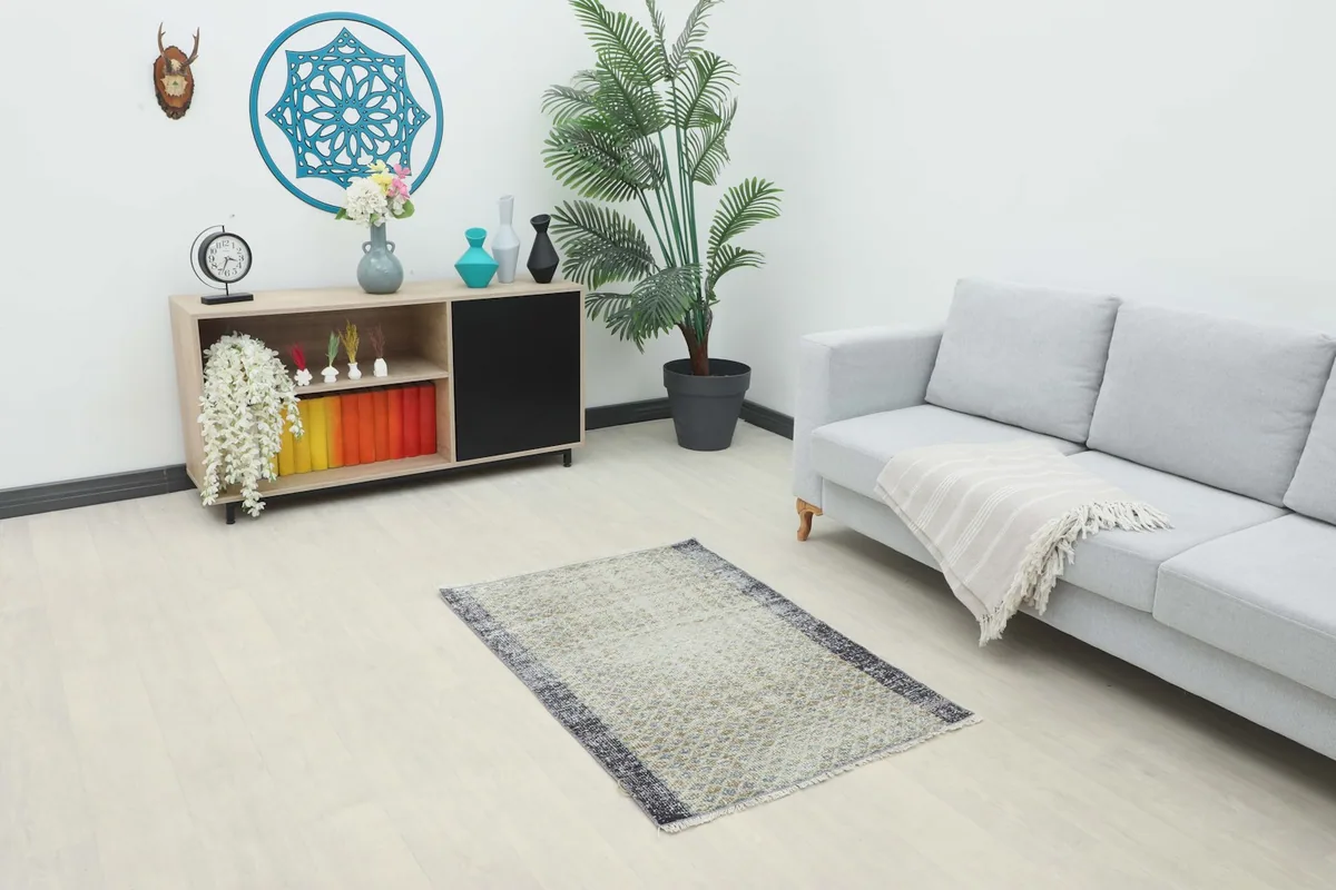Ivory, blue, and tan vintage Anatolian rug placed in a living room setting with a sofa and cabinet.