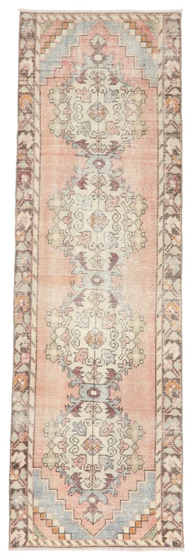Full overhead view of the vintage rose Anatolian runner rug