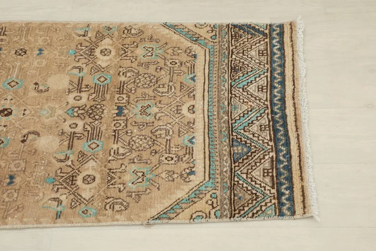 Close-up of the rug's border with blue and brown geometric patterns