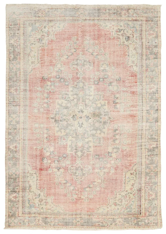 Full top view of the 7'9" x 11'1" vintage Anatolian rug with a rose field and gray border