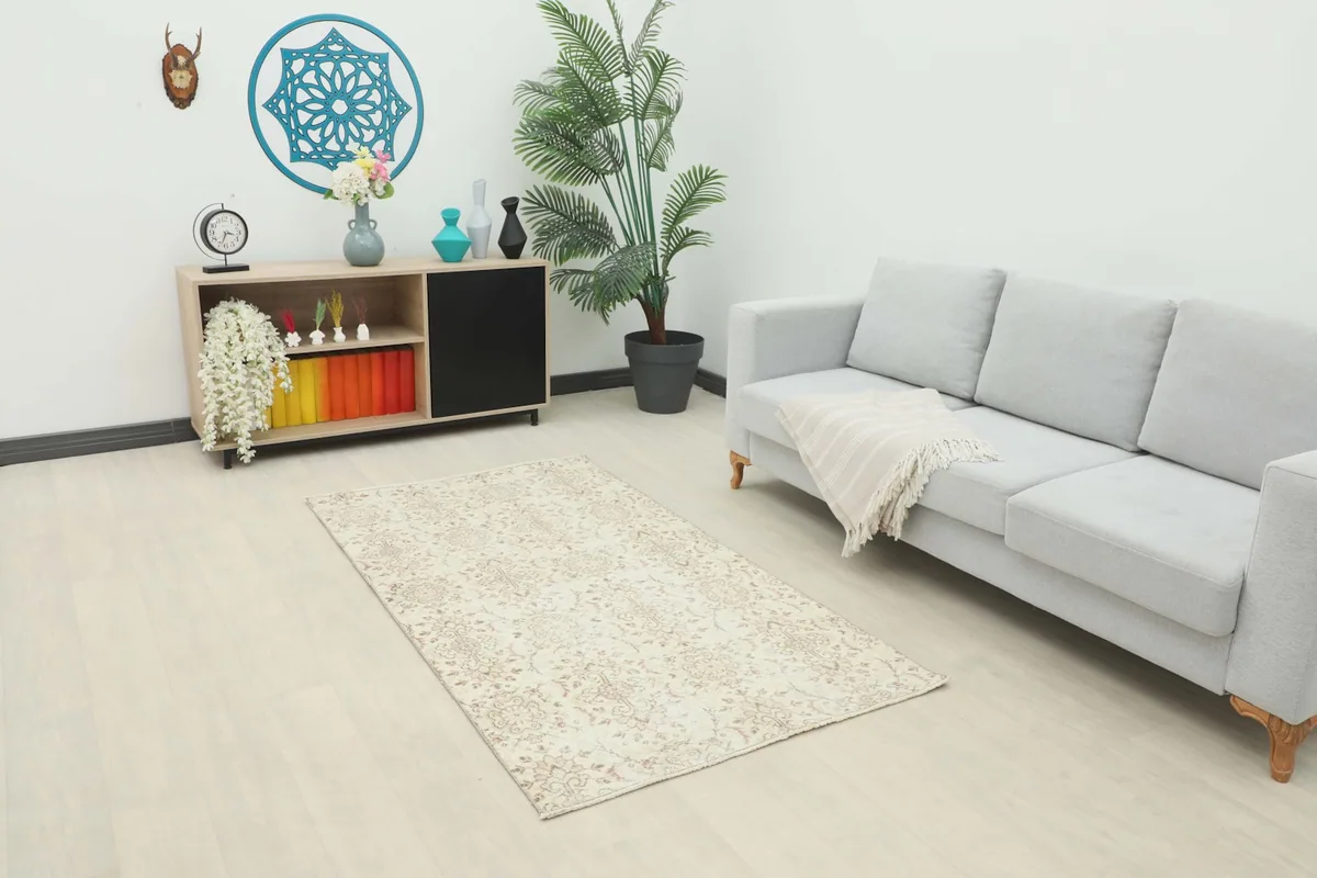 The small ivory and rose Anatolian rug placed in a modern living room setting