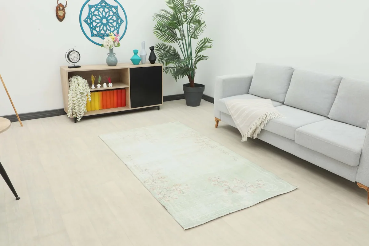 Vintage Anatolian rug in a living room setting with a light gray sofa and modern furniture