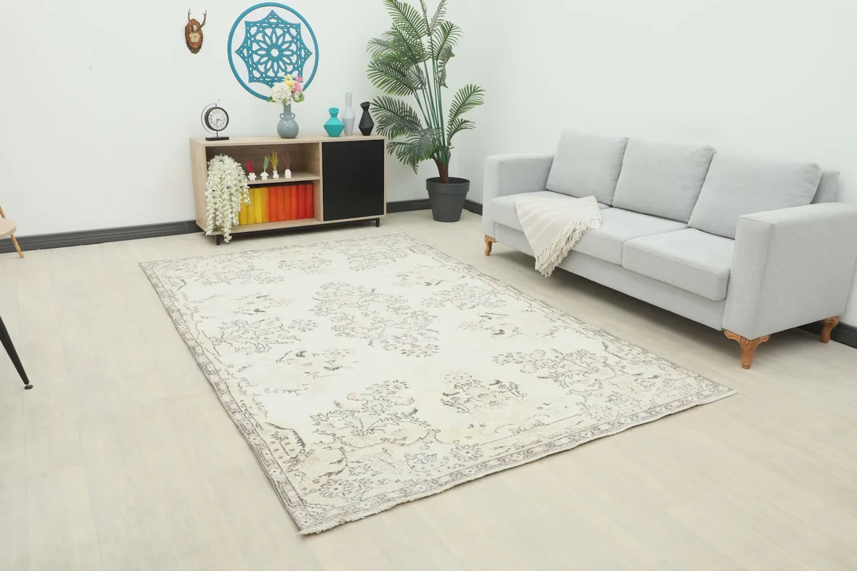 Ivory Anatolian rug displayed in a modern living room setting with a gray sofa.