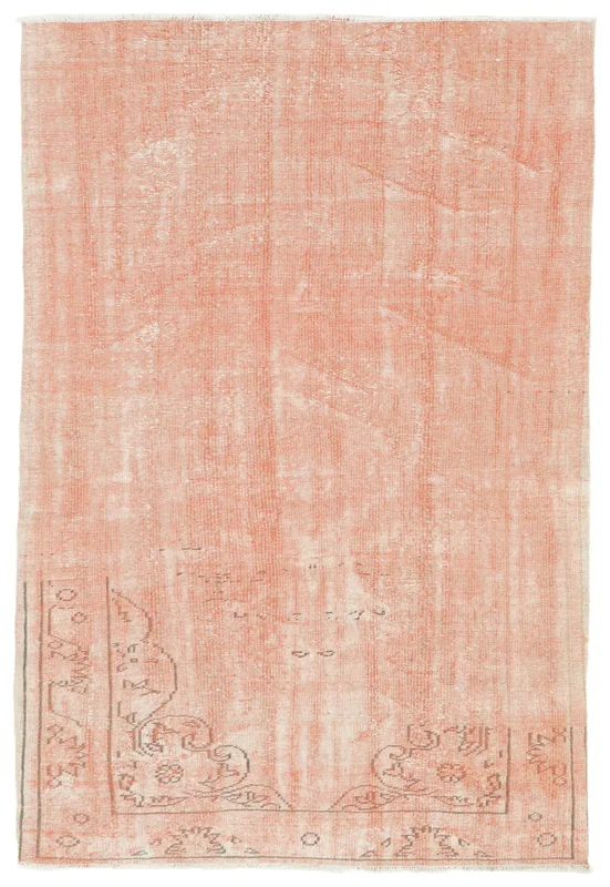 Full top view of the 5'5" x 8'0" vintage Anatolian rug with soft rose field and faded geometric patterns.