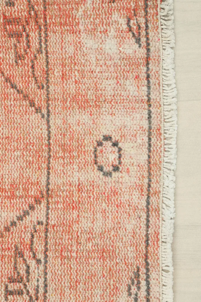 Close-up of the rug's edge, showing the border design and the short, natural cotton fringe.