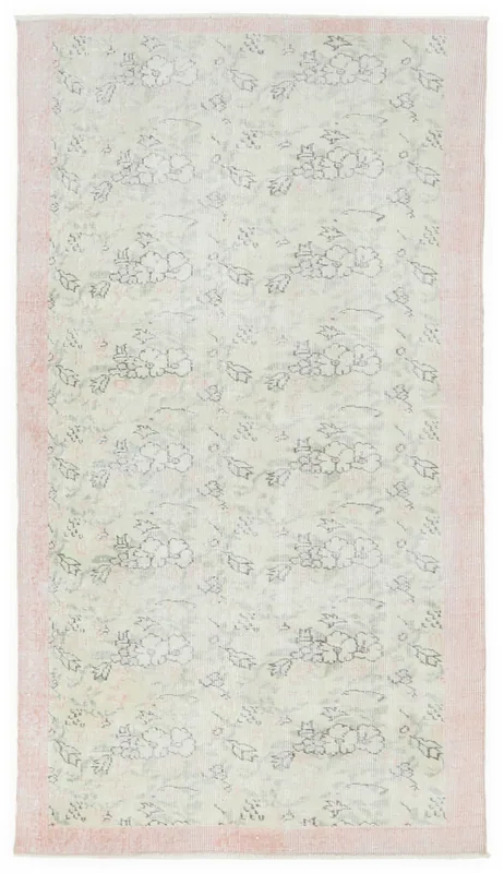 Full top view of the 3'9" x 6'7" ivory and rose vintage Anatolian rug on a white background.