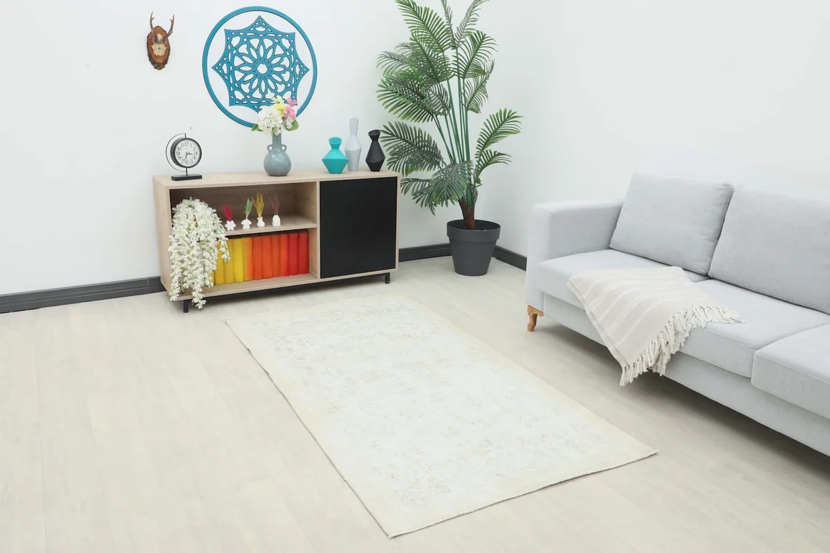 Cream Anatolian rug placed in a living room setting with a light sofa and wooden cabinet