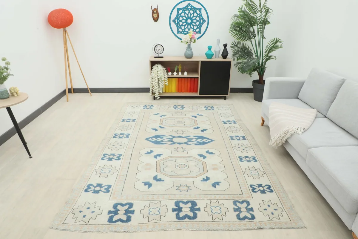 Full room shot of the 6'3" x 8'6" vintage Anatolian rug, highlighting its presence in a modern setting