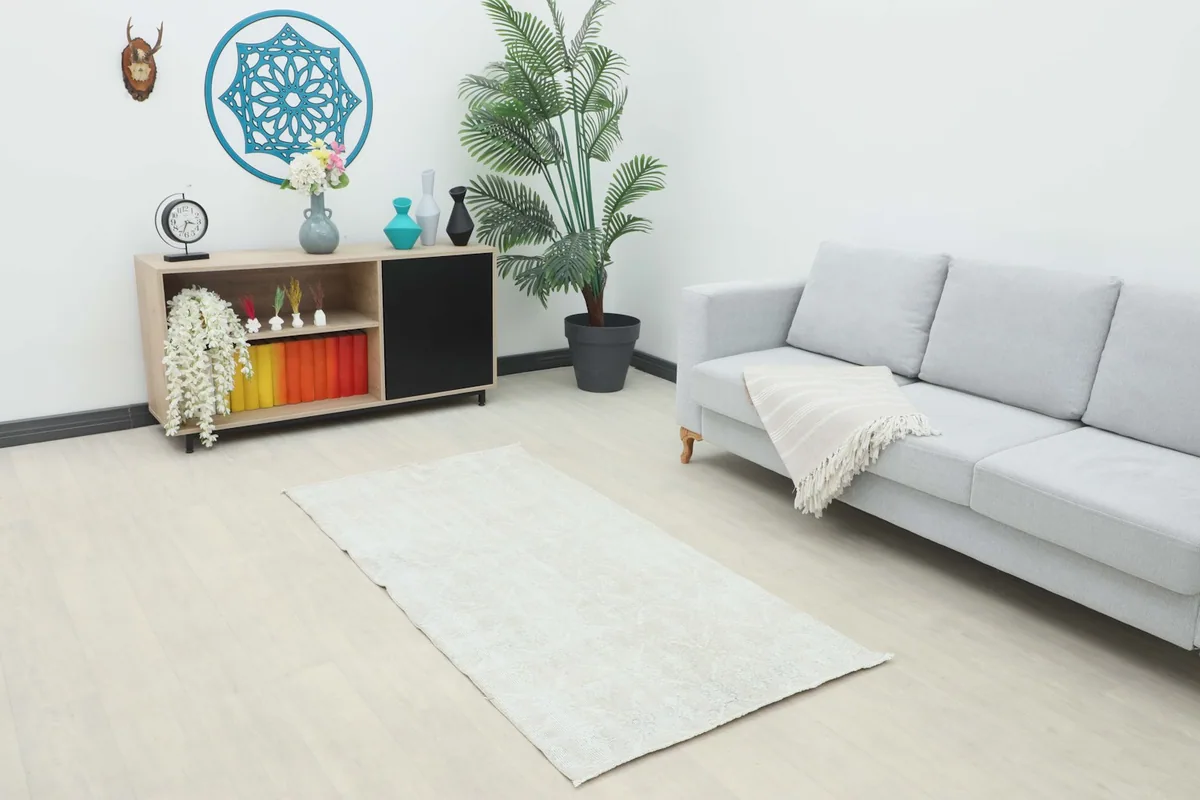 Ivory vintage area rug placed in a modern living room setting with a light gray sofa and wooden cabinet