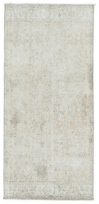 Full overhead view of the 2'11" x 6'6" ivory and blue vintage Anatolian runner rug
