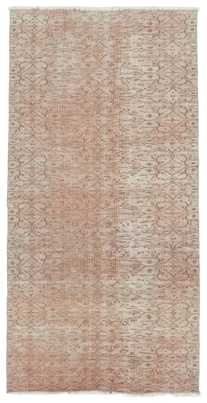 Full overhead view of the 3x6 rose geometric vintage Anatolian rug on a white background.