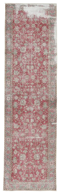 Full top view of a 3'2" x 11'0" vintage rose and gray Anatolian floral runner rug on a white background.