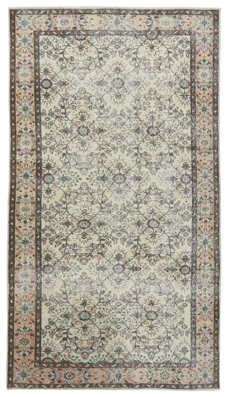 Full top view of ivory and rose floral vintage Anatolian rug