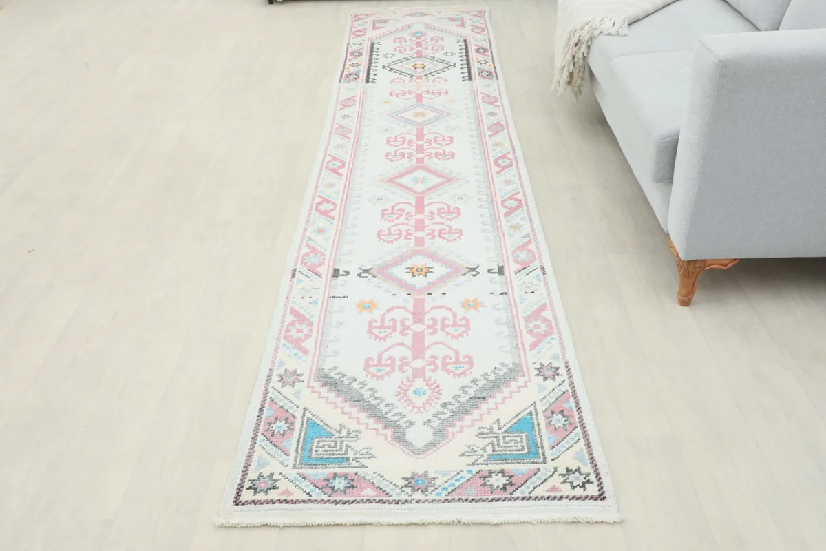 Full room view of the runner in place, highlighting its elongated shape and how it complements the space.