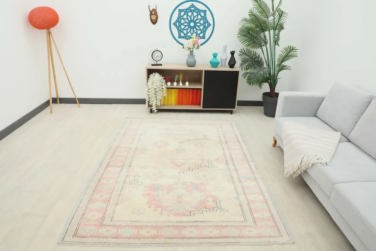 Wide shot of the rug in a living room, providing a full perspective of its size and overall aesthetic.