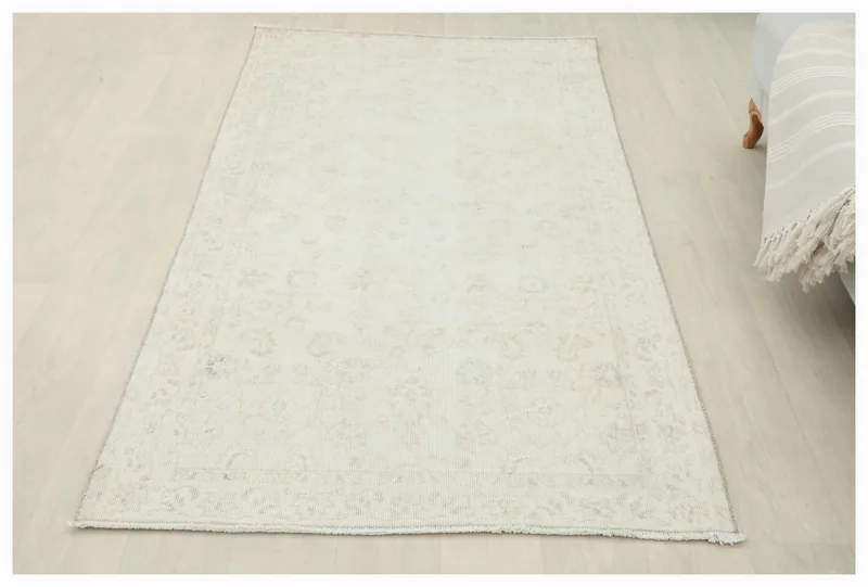 Full top view of the 4x7 cream botanical vintage rug on a white background
