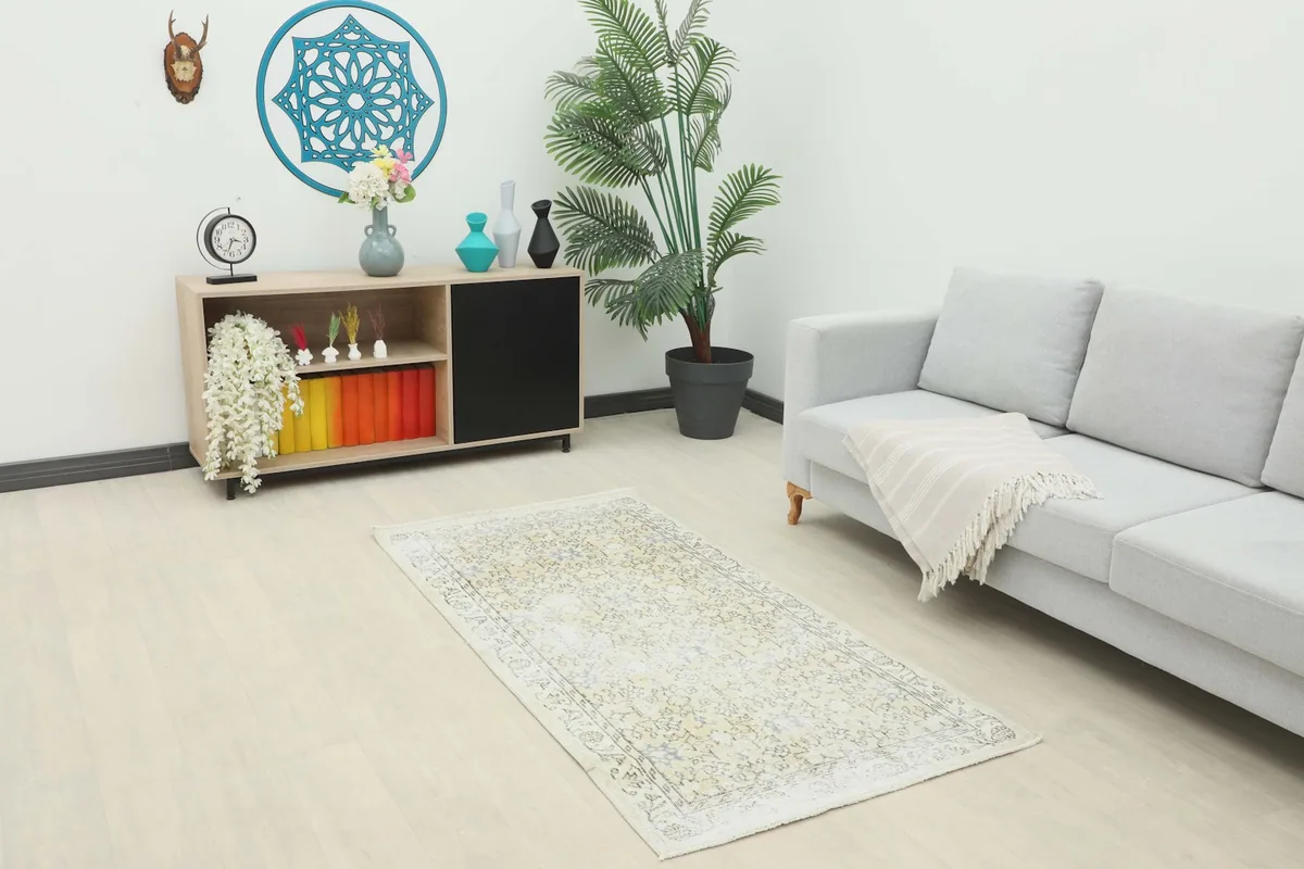 Beige and gray vintage rug placed in a modern living room setting