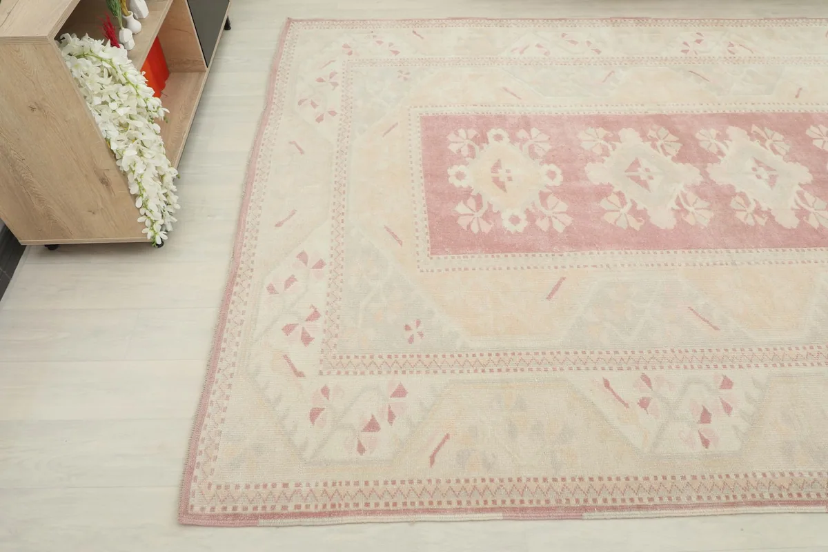 Angled shot highlighting the rug's field and border designs, with a glimpse of room decor