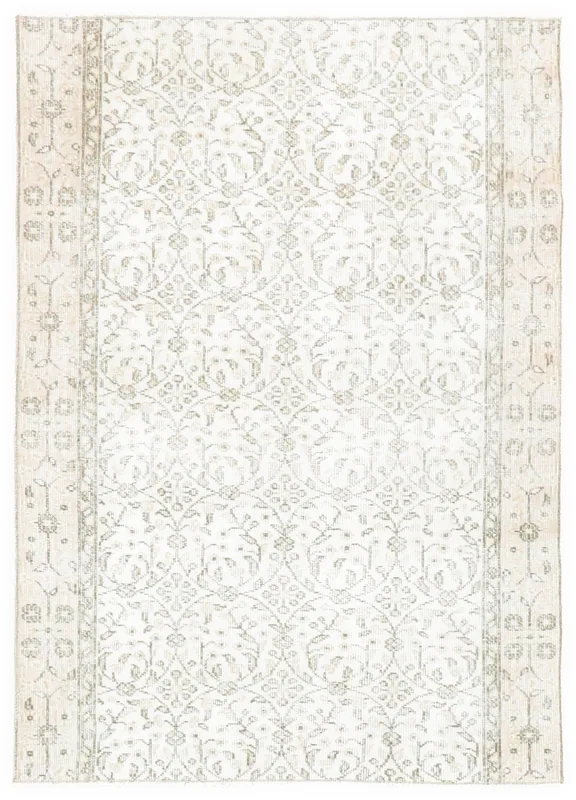 Full overhead view of the 4x5 vintage Anatolian rug with cream and olive floral patterns on a white background