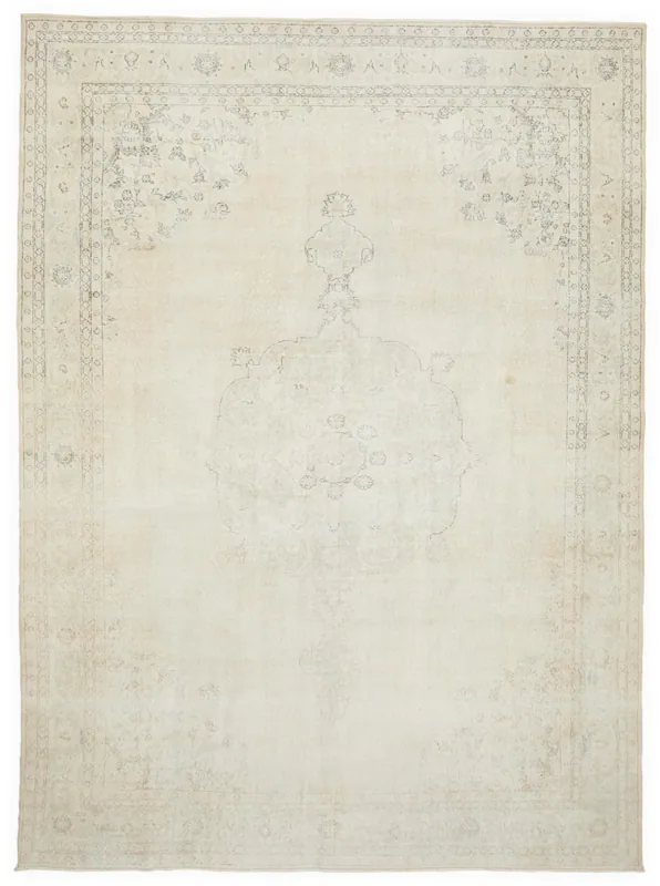 Full overhead view of the 8'10" x 11'9" ivory vintage Anatolian rug with medallion and floral motifs