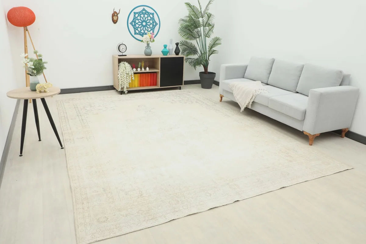 Ivory vintage area rug displayed in a living room setting with a light gray sofa and wooden furniture