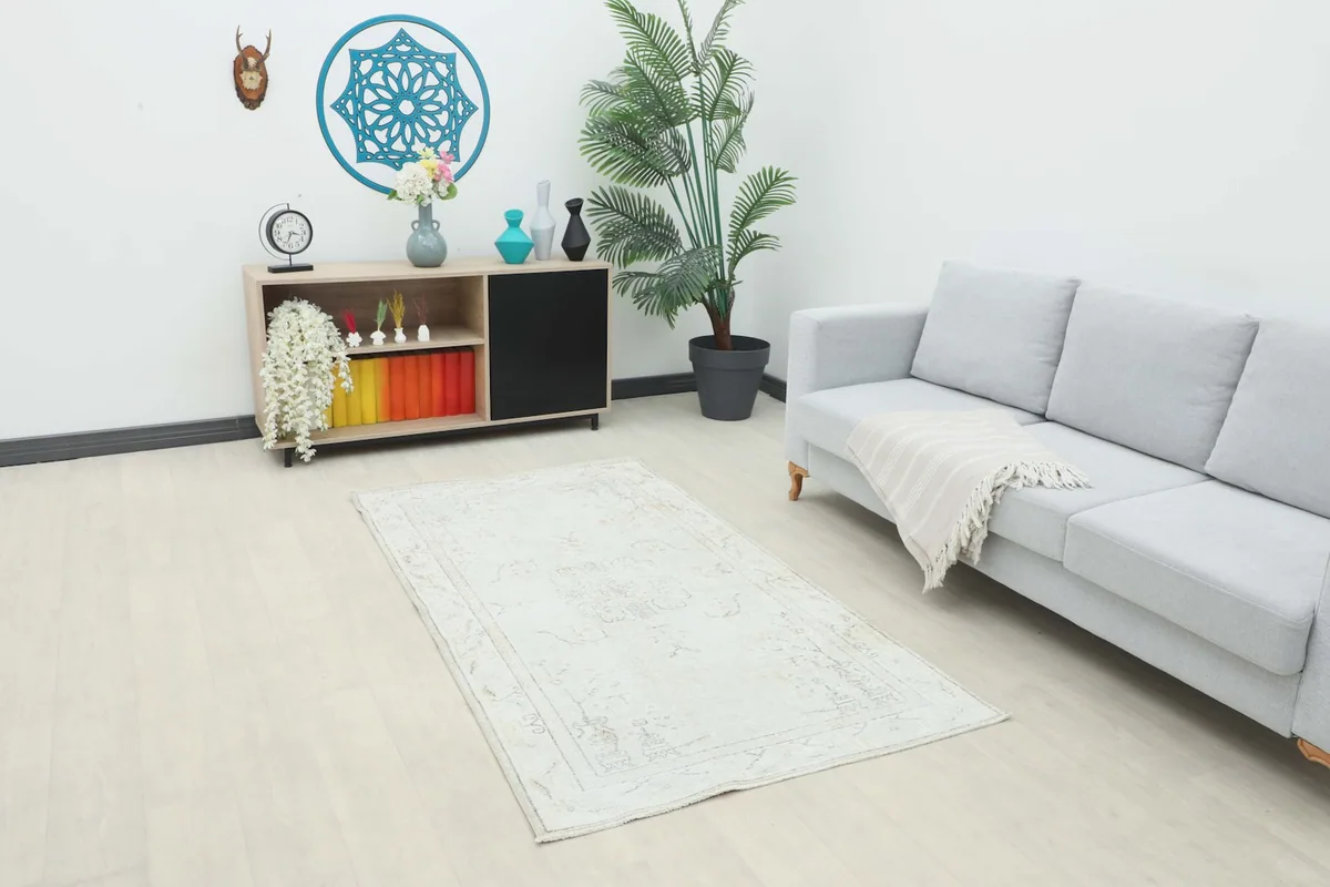 Ivory geometric medallion rug placed in a living room setting with a light gray sofa