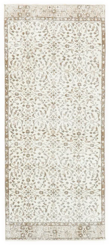 Full top view of the vintage ivory and brown floral Anatolian runner rug