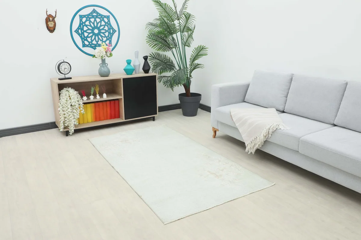 Vintage Anatolian rug displayed in a living room setting with a light gray sofa