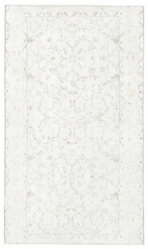Full top view of the cream and gold floral vintage Anatolian rug
