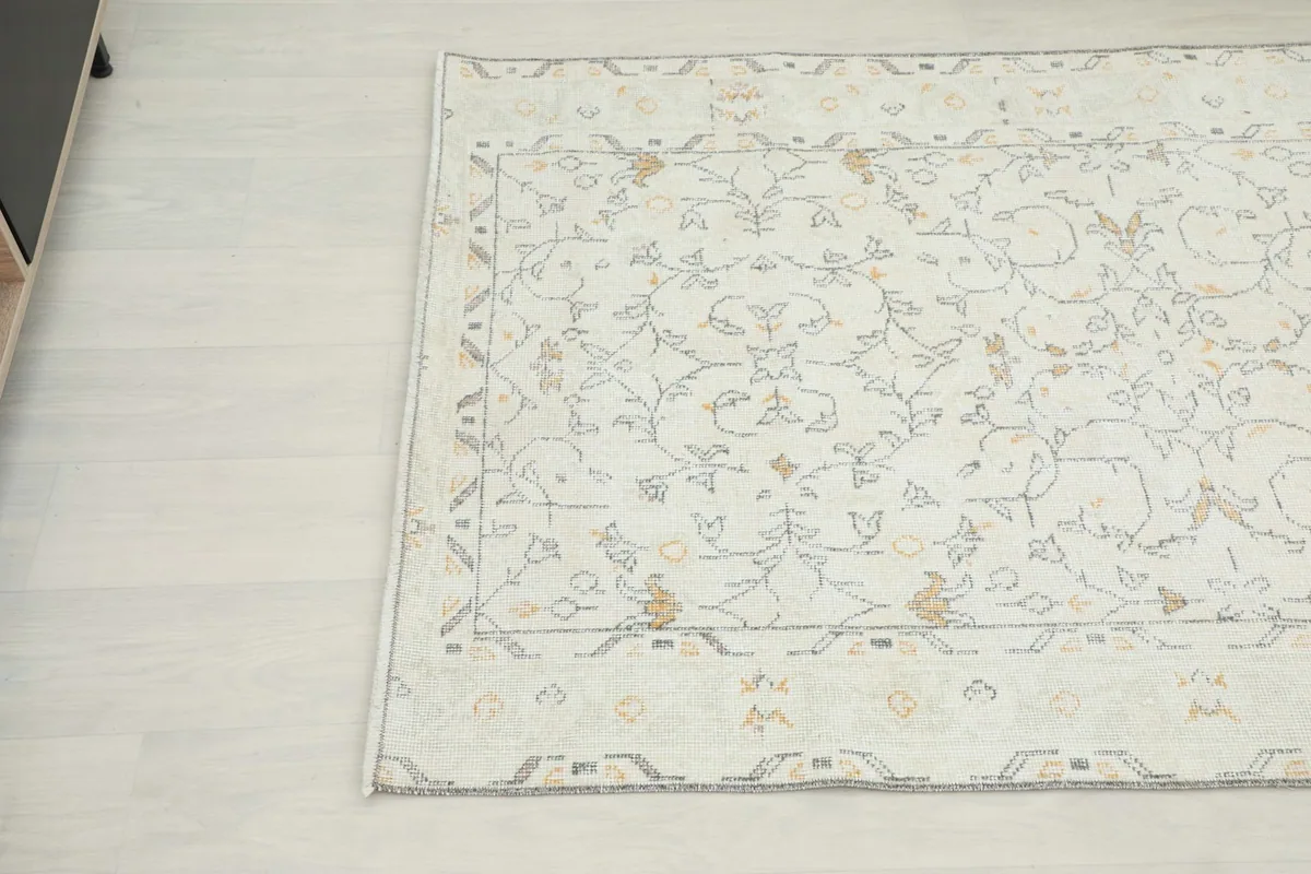 Overhead angle showcasing the full pattern and border detail of the cream rug