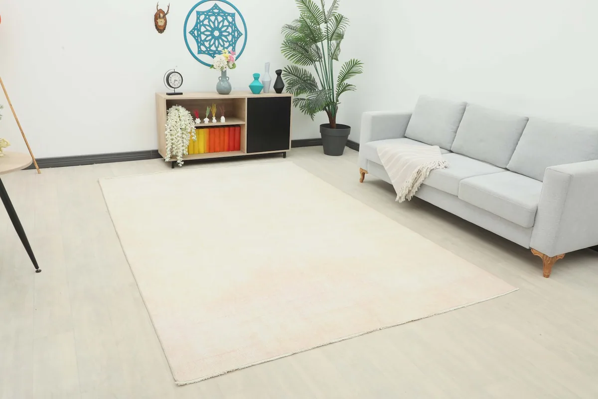 Vintage cream and rose rug displayed in a living room setting with a light gray sofa and modern decor