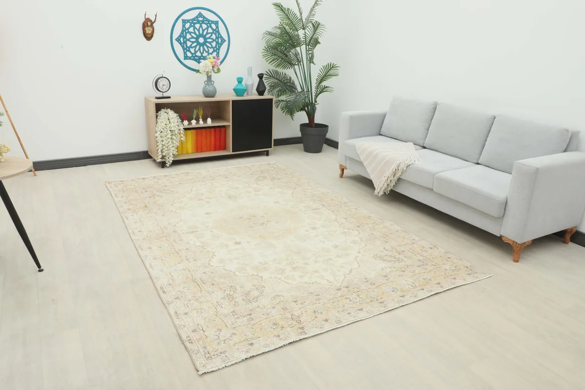 Vintage cream and gold rug placed in a living room setting with a light gray sofa and modern decor.