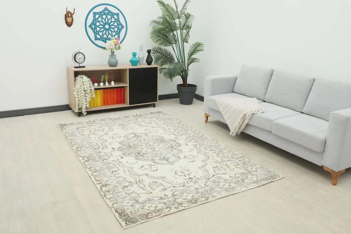 Vintage ivory and gray area rug displayed in a bright living room setting