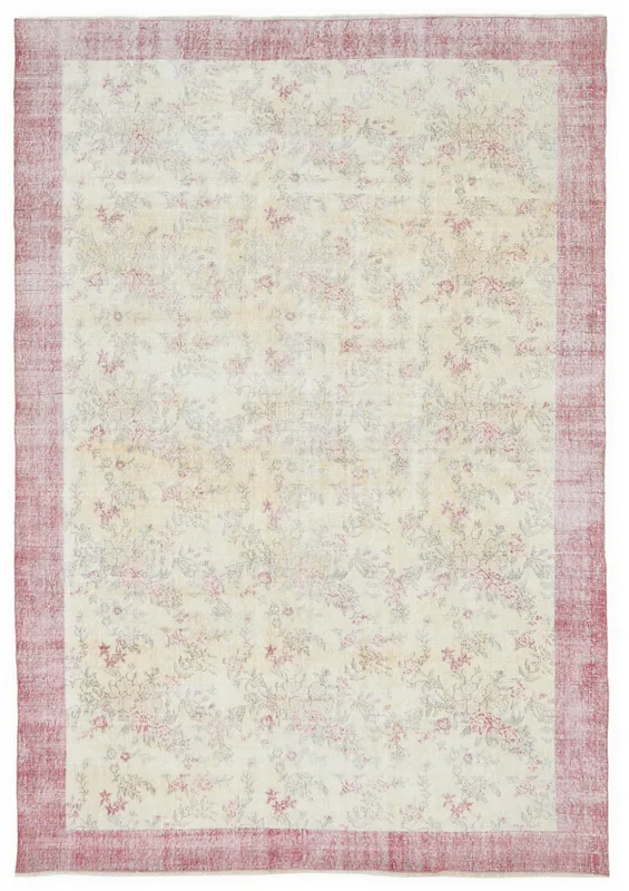 Full top view of the 6'9" x 9'8" vintage Anatolian area rug with ivory field and rose border