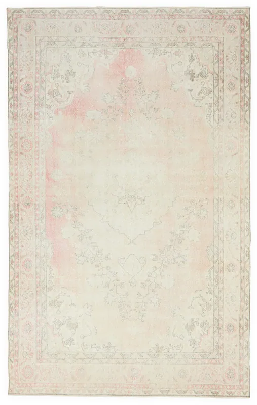 Full overhead view of the 6'6" x 10'1" ivory and rose vintage Anatolian rug on a white background.